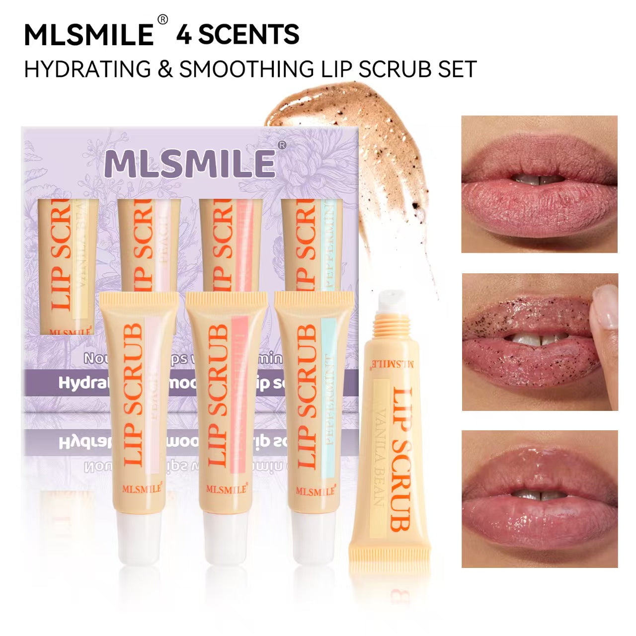 Lip Scrub Set, Exfoliates, Removes Dead Skin, Reduces Lip Lines, Lip Balm (4-piece Pack)